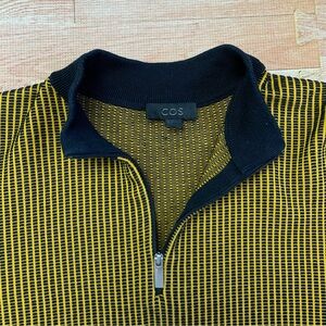 COS 1/4 Zip Jumper XL Striped Textured Organic Cotton Sweater Yellow Mock Neck
